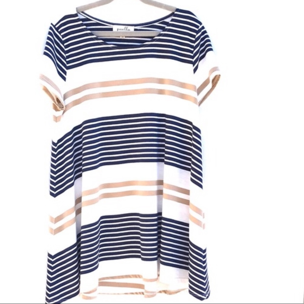 Anthropologie Navy and Tan Striped Swing Top